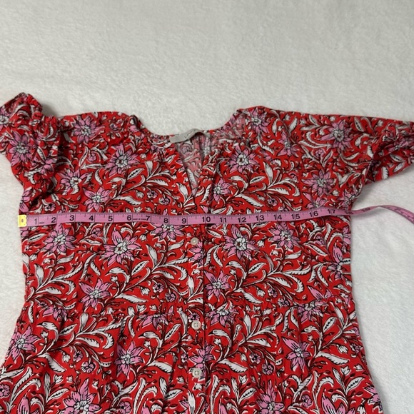 LOFT Red and White Boho Preppy Floral Tiered Ruffled Midi Dress with V-Neck - Picture 10 of 14